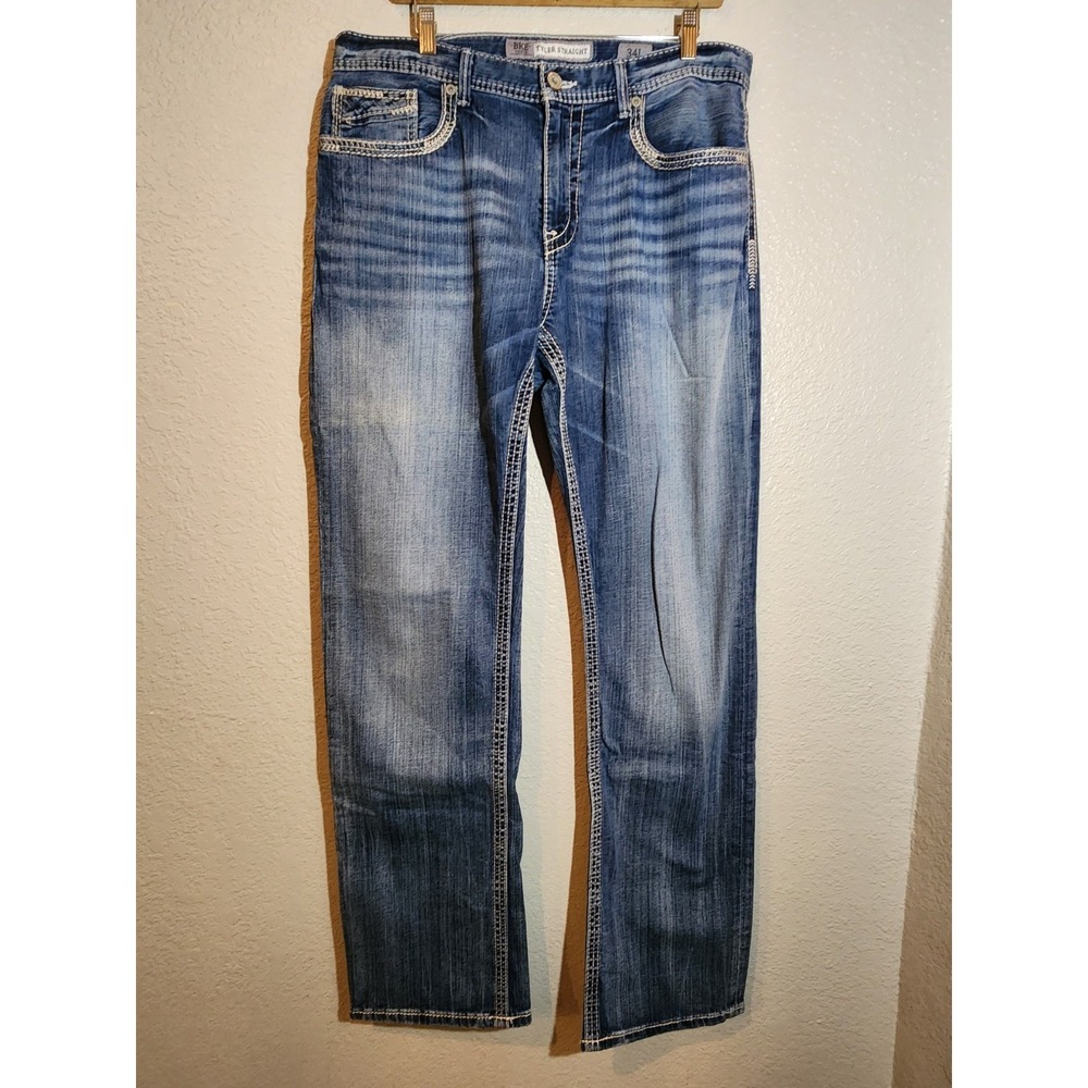 BKE Men's Tyler Jeans Blue Denim Straight Leg 34x30 5 Pockets Buckle Medium